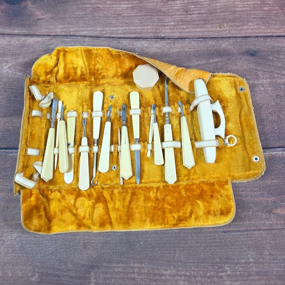French Ivory Manicure Set Travel Kit Cream Good Celluloid Art Deco Vanity Case